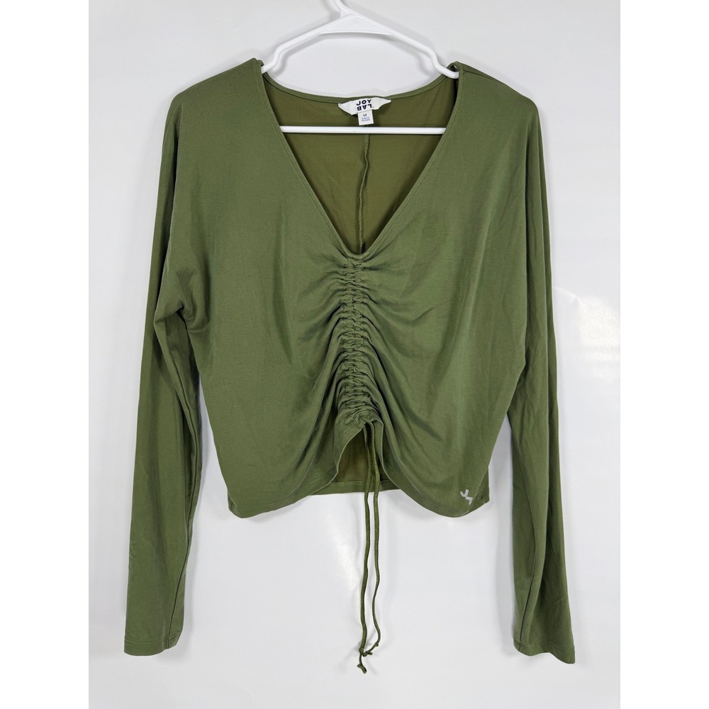 Ruched Front Top Womens M Olive Green Cropped V-Neck Earthy Boho Forestcore